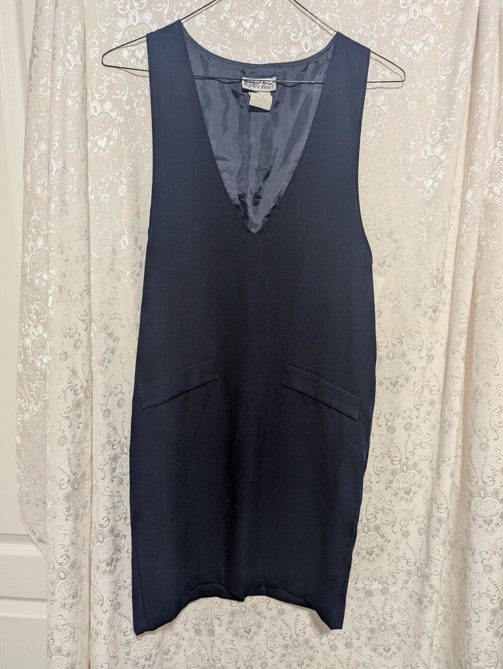 Vintage Foxcroft FB Petite Navy Blue Plunge V-Neck Pinafore Jumper Sz4